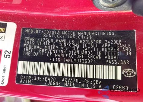 2021 Toyota Camry Se z USA, uszkodzony, nr VIN 4T1G11AK0MU436021